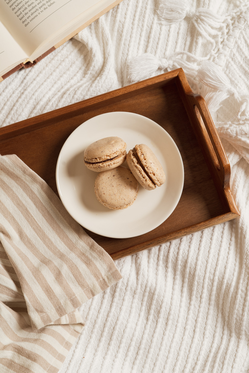 Top View of Tray with Macarons on the Bed